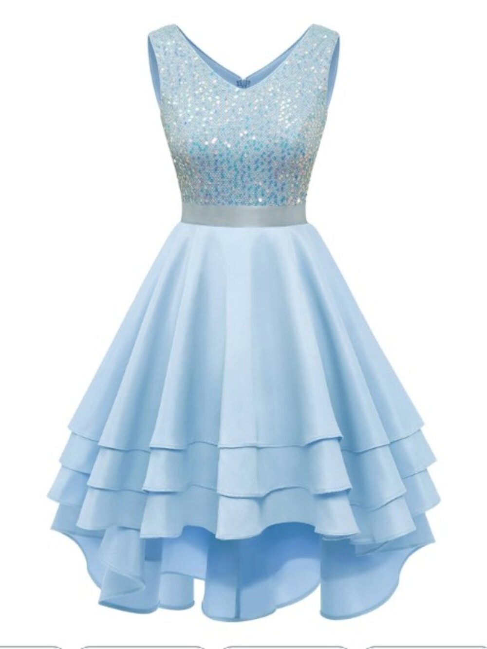 Meetjen Silver Sequin Bodice & Blue Layered Satin High‑Low Dress – Size L